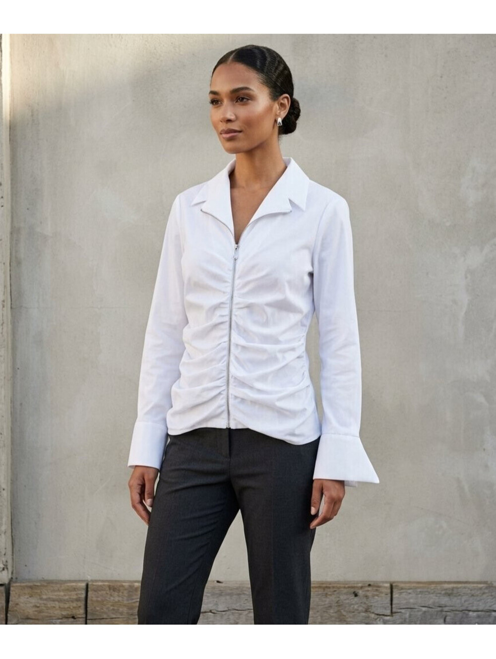 Samuel Dong Ruched Blouse Top Women L Large White Zip Up Collar Career